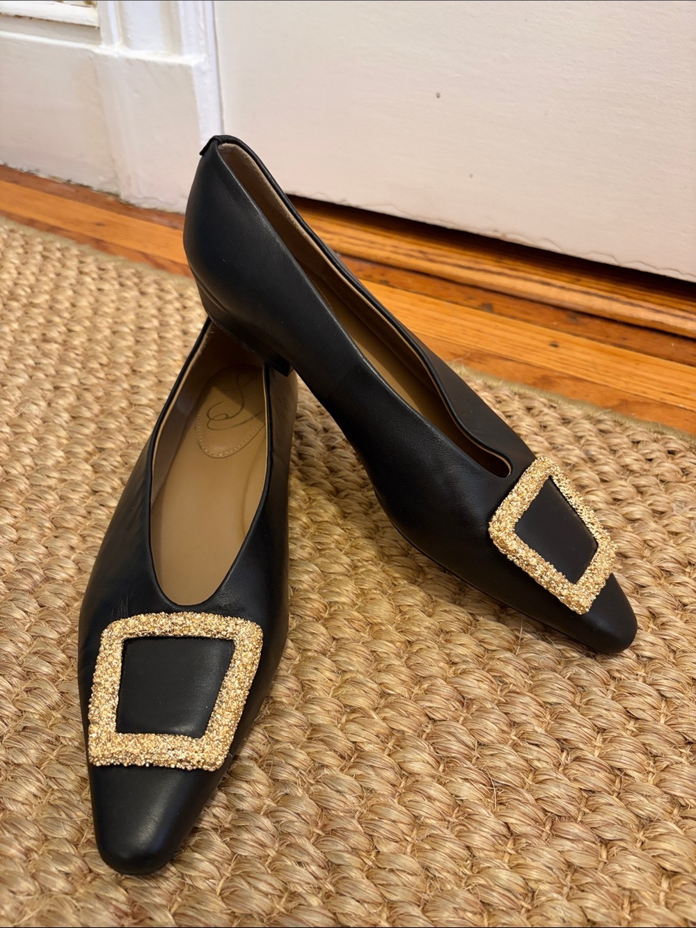 Sam Edelman Black Pointed Toe Flats with Gold Buckle
